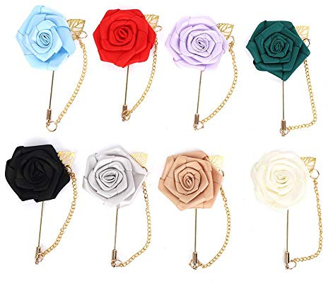 Pin de Flor en la Solapa Hecho a Mano para Traje de Boda, Flor con Cadena Colgante Pin de Solapa/Broche Camisas de Traje Accesorios Camisa de Hombre Rosa Broche de Flores Pin Decoración (8PCS)