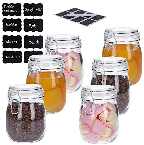 6er Set Vorratsdosen aus Glas mit Bügelverschluss, Vorratsgläser, Glasbehälter | Runde bzw. Ovale Form | inkl. 8 Kreideetiketten und Stift | luftdicht, auslaufsicher, Mottensicher (6x 830ml)