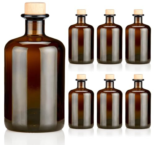 Geniess-Bar! 6x Apothekerflaschen braun 500ml leer Holzkorken natur, elegante Braunglas Flaschen schwarz antik für Öl, Gin, Kräuter Schnaps od. als Geschenk 0,5L Glasflaschen