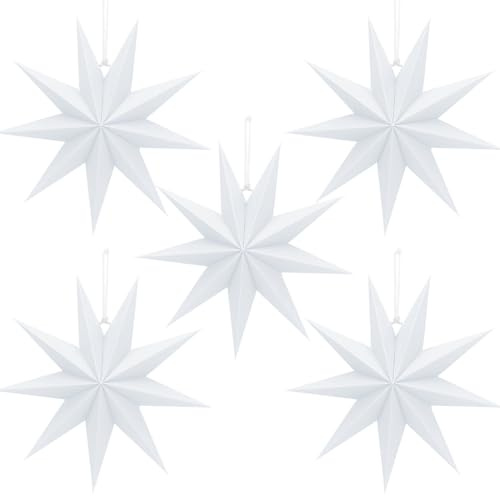 Sprinlot Papiersterne Weihnachten Weiß, 5 Stück 30cm Weihnachtsstern, 9 Zacken Papiersterne zum Aufhängen, Faltsterne Sterne für Weihnachten Hochzeit Tischdeko Fensterdeko