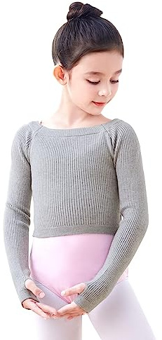 Daydance Grey Boat Neck Girls Ballet Sweaters Crop Pullover Dance Warm Up for Leotards, Long Sleeve