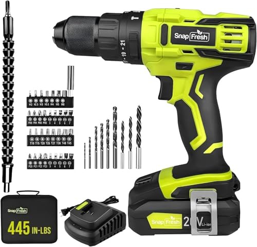 SnapFresh 20V Cordless Impact Drill-1/2 Power Drill/Driver Set,445in-lbs Torque Max,2 Variable Speeds, 43Pcs Bits w/case,2.0Ah Battery & Fast Charger Included, Power Tools
