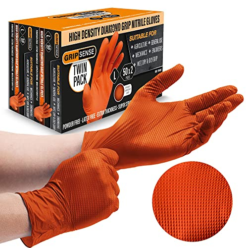 GripSense Guanti Nitrile L (Confezione da 100) - Guanti in Nitrile Arancioni Trama Diamantata - Guanti Monouso Senza Lattice né Polvere - Guanti Meccanico Spessi Resistenti - Massima Sensibilità L5