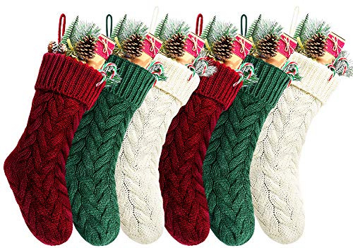Kunyida Christmas Stockings, 20 Inch Burgundy, Ivory, Green Cable Knit Stockings Christmas Holiday Decoration, 6 Pack