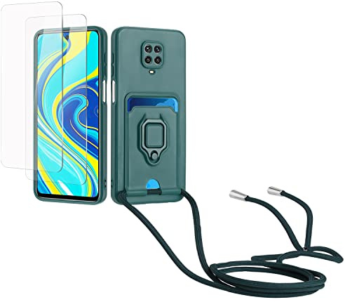 Kaslly Funda con Cuerda para Redmi Note 9 Pro/Note 9 Pro Max/Note 9S+[2 Pack Protector Pantalla],Case con Ranura para Tarjetas,Cubierta de Cámara Deslizante Proteger,Doble Cara Protección-verde oscuro