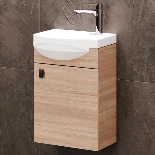 Planetmöbel Ensemble de Meubles de Salle de Bains Lavabo avec Meuble Bas 40 x 60 x 29 cm avec robinetterie chromée pour Salle de Bain et WC d'invités, chêne Sonoma