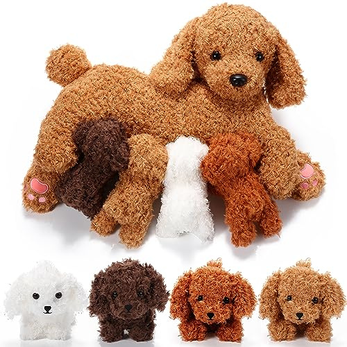 Honoson Nurturing Dog Mommy Plush Set with 4 Baby Puppies Soft Cute Dog Themed Stuffed Plush Toys for Kids Girls Boys Easter Birthday Gifts(Curly)