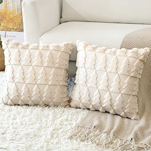 Artscope Set of 2 Soft Plush Short Wool Velvet Decorative Cushion Covers Square Luxury Style Throw Pillow Covers Pillow Shell for Sofa Bedroom Christmas Tree Cream Beige, 45x45cm