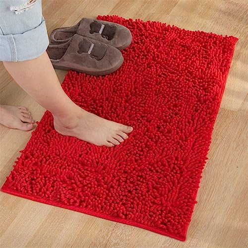 Reyox Badematte Hochflor Chenille rutschfest Vorleger Waschbar Badteppich Badezimmer Wasserabsorbierenden Rot 1 60 x 90 cm