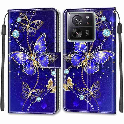 TOMYOU Handyhülle für Xiaomi 13T / 13T Pro 5G Hülle, Blauer Schmetterling | Standfunktion, Kartenfach, Magnetisch, Stoßfeste Schutzhülle, Flip Leder, Klapphülle