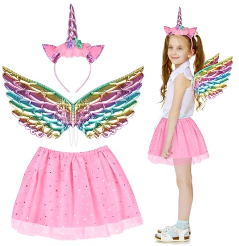 Fennoral Fennroal 3tlg Einhorn Kostüm Mädchen Einhorn Haarreif Einhorn flügel mit Rosa Tutu Rock Unicorn Cosplay Kinderkostüm Tierkostüm für Halloween Karneval Einhornparty Kindergeburtstag