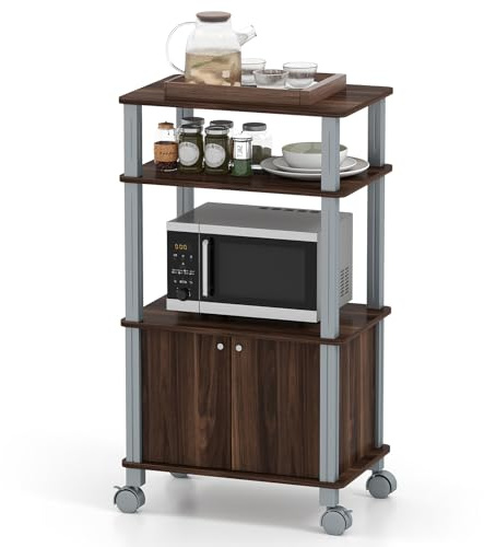 KOMFOTTEU Carrello da Cucina a 3 Livelli per Microonde, Carrello Portaoggetti con Ruote e Armadio con Porta, Carrello di Servizio in Legno, Organizer per Sala da Pranzo, 60 x 40 x 98 cm (Marrone)
