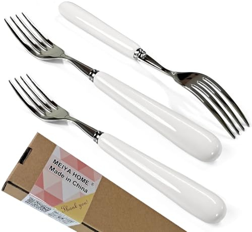 MEIYAHOME 20 cm fina middagsgafflar 20,5 cm bra huvudgaffel 18/10 rostfritt stål bordsgaffel (kreativt vitt keramiskt handtag) huvudrättsgaffel, 4-färgad gaffel, sus304 stor biffgaffel (3 st)