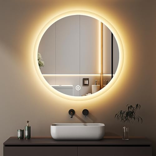 Boromal LED Badspiegel Rund mit Beleuchtung 60x60cm LED Spiegel Rund 3000K-6500K 1810LM Runder Badezimmerspiegel mit Beleuchtung Wandspiegel mit 3 Lichtfarbe Dimmbar Touchschalter
