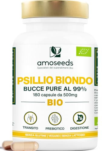 Psillio Biondo BIO | Polvere di Bucce, Purezza 99% | 3000mg / giorno, 180 capsule | Prebiotico, Transito, Digestione | Qualità Superiore