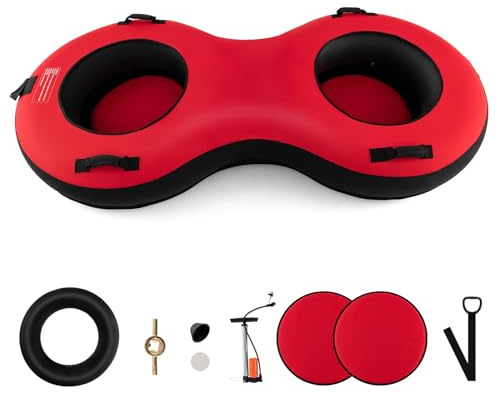 COSTWAY Heavy-Duty Snow Tube, 1/2 Person Inflatable Sled Ski Tube with Handles, Canvas Cover, Tow Strap, Pump and Repair Kit, Outdoor Snow Sledge Fun Toys for Kids & Adults (Red, 2-Person)