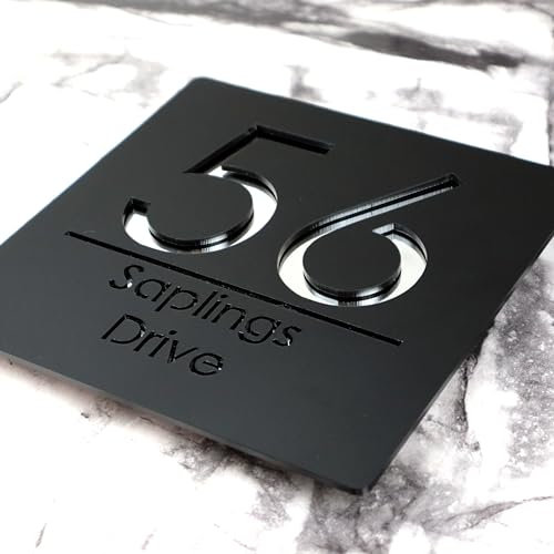 K Smart Sign | Bellissima S1 F31 | 180mm x 180mm | Acrylic 3d Laser Cut Contemporary house sign door number plaque address signs with Mirror and Marble Numbers (Matt Black & Silver Mirror)