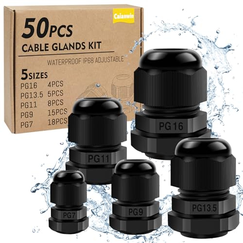 50PCS Kabelverschraubung Set - Caianwin IP68 Kabeldurchführung Wasserdicht PG7 PG9 PG11 PG13.5 PG16 Schwarz Verschraubung set Zugentlastung für Kabel, Abzweigkasten,Verteilerkasten