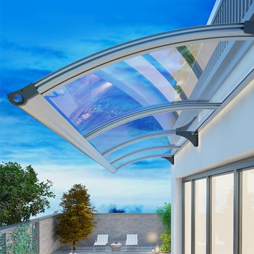 Auvent de Porte d'entrée avec Grand Guide l'eau Toit Marquise en Transparent Polycarbonate Support en Aluminium Argent Toit Abri Terrasse Auvent de Patio Protection (150×310cm)