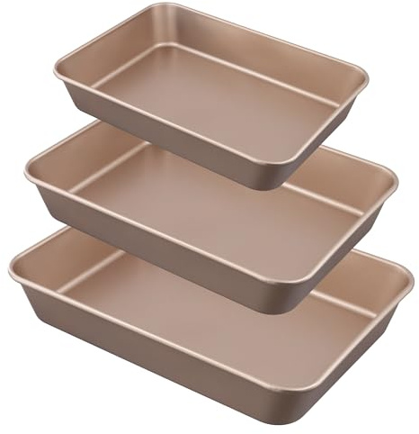 MUKSUET 3 PCS Baking Trays, 3 Sizes Carbon Steel Baking Pans Non Stick, Rectangular Oven Trays for Food Roasting (Golden)