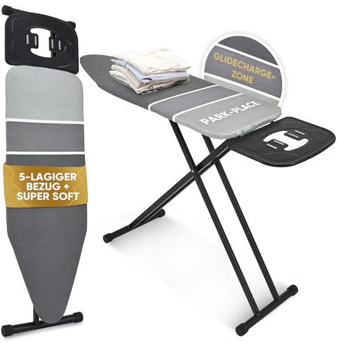 Avieto XXL Bügelbrett 124x43 cm für Dampfbügeleisen und Normale Bügeleisen | Bezug 5 Lagig Dampdurchlässig Hitzreflectierend GlideCharge & Park Place