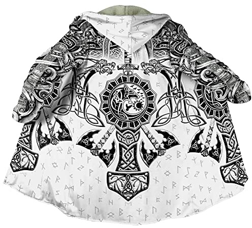 Viking 3D Druck Rabe Winterjacke Herren, Nordisch Helm der Ehrfurcht Tattoo, Warm Verdickt Kapuzenumhang, Mode Lässige Sherpa Futter Parka, Mittelalter Hornschnalle kaschmir Mantel