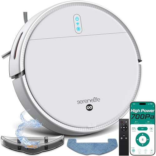 SereneLife Robot Vacuum Cleaner, Automatic Smart Vacuum with App Control, 700Pa Powerful Suction, 3 Cleaning Modes, Auto Recharge, Dual Side Brushes, Works on Hard Floors, Carpets & Pet Hair - White