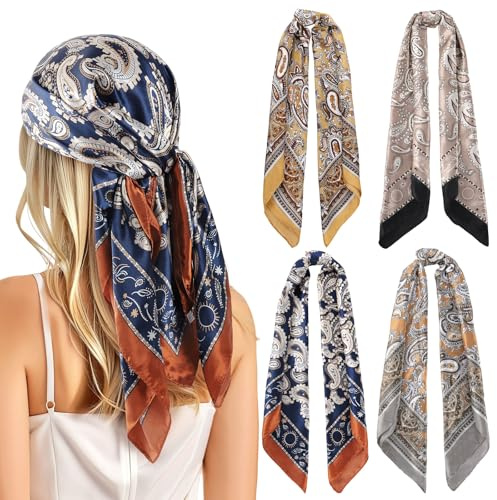 4 Stück Kopftuch Damen Weich Quadratisch Seidenschal Quadratischer Schal Seide Kopftuch Bandana Geschenk für Frauen 90*90cm,Cashew