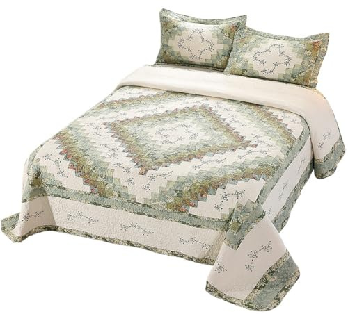 XIUWOUG Tagesdecke Bettüberwurf Baumwollem Maschinelle Patchwork-Stickerei, Bedspreads Extra groß, Steppdecke mit 2 Kissenbezügen, Sofa Überwurfdecke Wohndecke für Bett,Grün,244cmx279cm