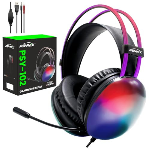 Psynix PSY-102 Gaming Headset for PS5, PS4, Xbox, PC, Nintendo Switch - Wired Headphones with Mic, Surround Sound, RGB Lights, Noise Cancelling, Comfortable Over-Ear Design