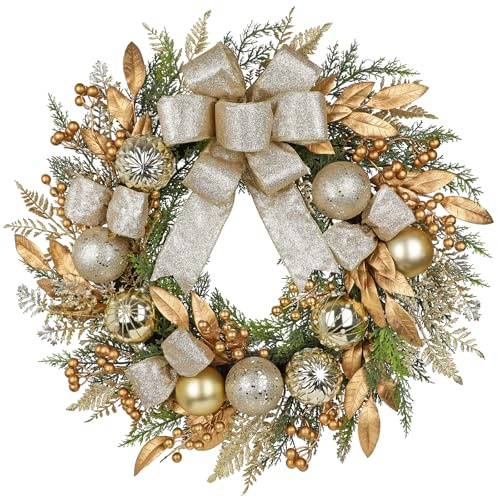 Arbrous juldörrkransar utomhus 61 cm stor julkrans i guld med sidenrosett julgranskulor bärblad julkransar för ytterdörr, konstgjord vinterkrans för väggfönster, julmantel dekorationer