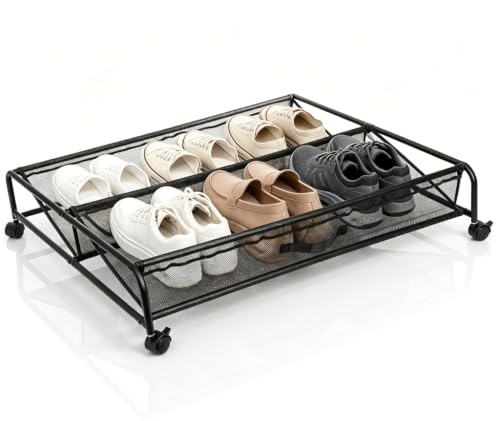 Goaste Under Bed Shoe Storage Organizer with Wheels, Rolling Underbed Storage Containers, Metal Shoe Rack Drawer Space Saving for Bedroom Organization, Shoes, Toys (Black)
