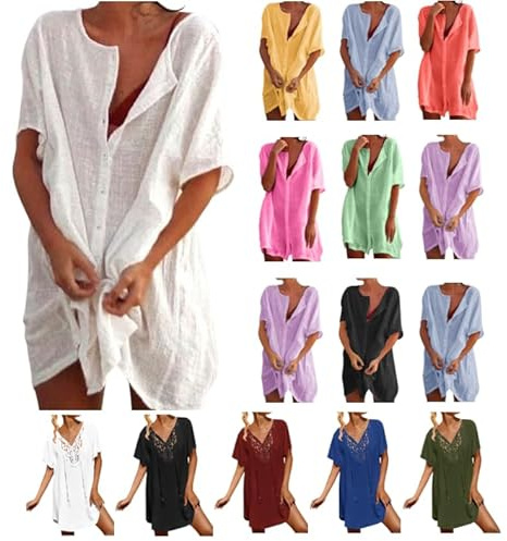 Robe de Plage Femme Été, Tunique de Plage Élégante Chemise de Plage en Coton en Lin, Couvre Maillot de Bain Robe Couvrir Bikini Cover Up Bohème Beachwear (Blue, M)