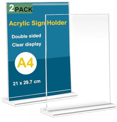Yoodeet A4 Menu Holders, Double-Sided Acrylic Sign Holder, Plastic T-Shape Clear Poster Holder Display Stand for Store, Office, Restaurant, Exhibition, Pack of 2