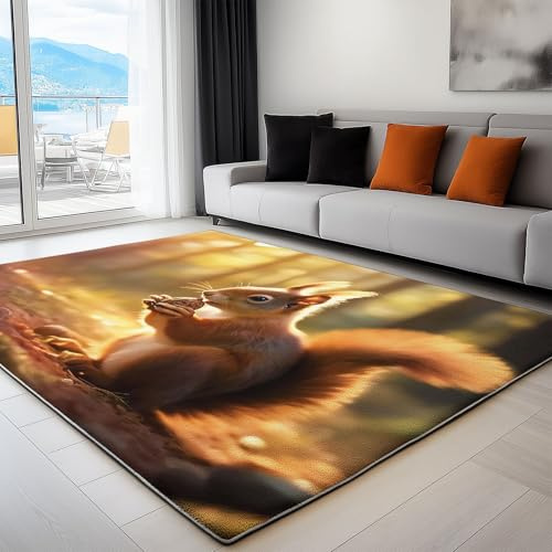 Generisch Kinderteppich 80x150 cm Waldtier Eichhörnchen Läufer Flur Teppich, Waschbar Kurzflor Weich rutschfest Print Teppiche für Küche Schlafzimmer Badezimmer Flur Büro, Braun