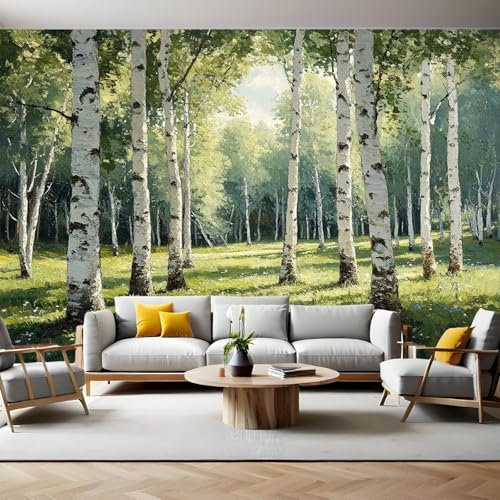 Carta da Parati 250x175 cm Verde bosco di betulle Fotomurale Art Sfondo TNT Murale Fotografica per Soggiorno Camera Ristorante Ufficio Camera dei Bambini e Decor da Parete