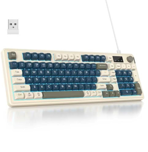 SOLIDEE 96% Trådlöst Membrantangentbord med Vred,Trådad/Bluetooth 5.0/2.4G,Gasket-struktur och RGB-bakgrundsbelysning,Tangenter med Mekanisk Känsla,Krämigt Tangentbord med Sifferplatta(Copper Gray)