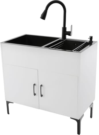 Spüle mit Unterschrank, Freistehende Küchenspüle mit Unterschrank und Armatur, Spülenschrank mit Spüle, Mobiler Edelstahl Spültisch Wäschespüle mit 2 Becken für Küchen Restaurants Cafés (Weiß+Schwarz)