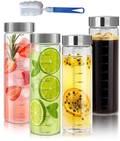 DBAATTZ Glasflaskor med lock i rostfritt stål, glasflaskor med måttskala, återanvändbar smoothiemugg, med rengöringsborste, glasjuiceflaskor, för juice, smoothies, mjölk (500 ml)