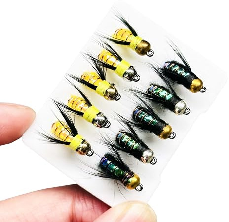 Qitewwrme 10Pc Fishing Lure #8 Bright Colors Brasshead Bionics Humpy Fly Nymph Wet Flies Insect Bait Pike Trout Salmon Bass Fly Fishing Flies (Yellow&Black)