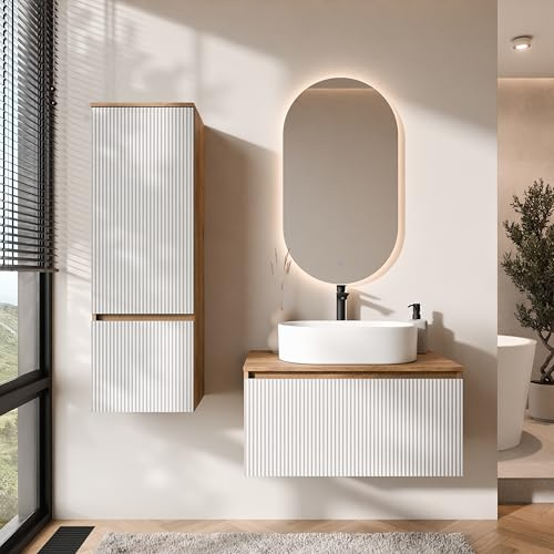 Planetmöbel Arisa - Set di mobili da bagno con mobiletto da 80 cm, colore oro rovere bianco (scanalato) con specchio a LED e mobile alto, lavabo 55 cm, colore: Bianco