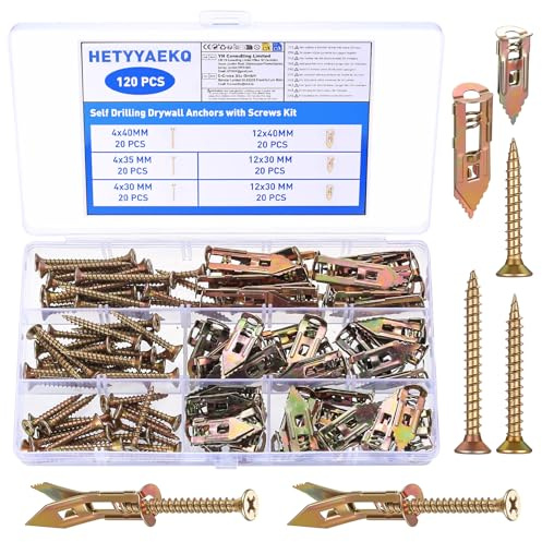 120 Pcs Heavy Duty Plasterboard Fixings Heavy Duty Self Drilling Drywall Anchors and Screws Kit, Metal Expansion Dry Wall Anchor Screws and Wall Plugs Set for Plaster Hollow Walls Anchorss