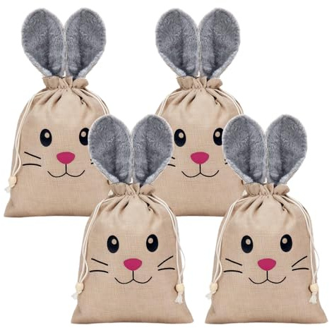 4 Stück Ostern Sackleinen Tasche,26x20cm Tasche mit Hasenohren,Ostertüte zum Befüllen mit Kordelzug Tasche für Ostergeschenke Für Ostereier, Süßigkeiten