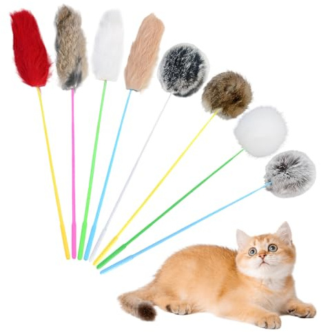 Kaiyzo 8-Teilig Katzenangel Echtes Kaninchenfell StreifenföRmig KugelföRmig Federspielzeug FüR Katzen Lernspiel Katzenspielzeug Stab FüR Interaktive Jagdspiele 35 cm Lang