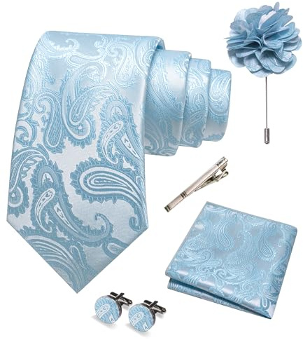 JEMYGINS Paisley Stickerei Design Krawatte Set Herren Einstecktuch Krawattenklammer Manschettenknöpfe Ansteckblume für Hochzeit Party Business Mehrfarbig