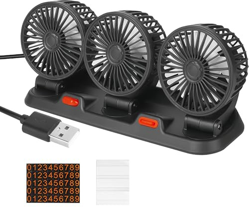 Ventilateur de voiture USB à trois têtes - 2 vitesses - Ventilateur multifonction avec plaque de numéro de téléphone de stationnement - Rotation à 360 ° - Pour camion, camionnette, SUV, RV