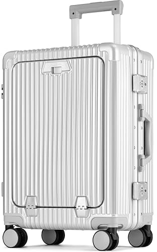 POSH handbagage-kåpa med 17 tums laptopsektion & aluminiumram - hårt skal i polykarbonat Business-trolly herr, TSA-spännlås, dryckesställ & kåpskärm, silver, Mittelgroße L, Klassisk