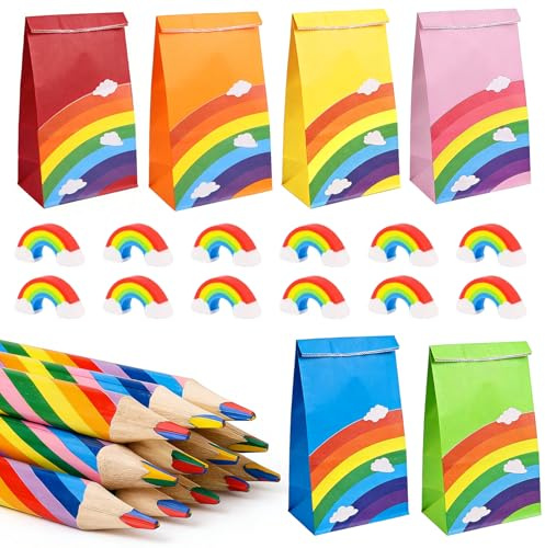 TENGWA Juego 36 Piezas Lápices Arcoíris 12 Lápices Colores 4 en 1 12 Bolsas Papel Kraft Arcoíris 12 Borradores Adecuados para Fiestas Cumpleaños Infantiles Navidad