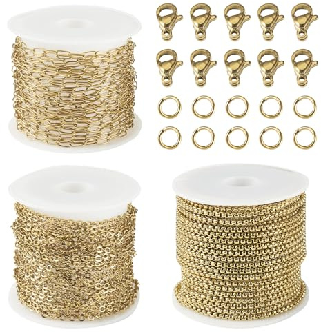 Craftdady 3 rollos de cadenas de clip de acero inoxidable, cadena de eslabones soldados dorados, cadenas de caja sin soldar, con cierres de pinza de langosta, anillos de salto para hacer collares y