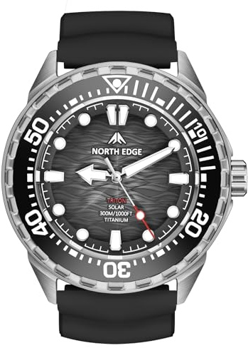 NORTH EDGE Triton Herren Solar Taucheruhr, 300 m wasserdicht, Quarz Armbanduhr mit Leuchtzeigern, drehbarer Lünette, verschraubter Krone, Outdoor Dive Watch
